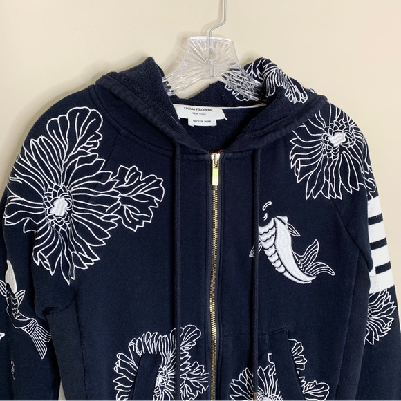 Thom Browne Koi & Chrysanthemum Embroidered Classic 4-Bar Hoodie - Picture 3 of 16